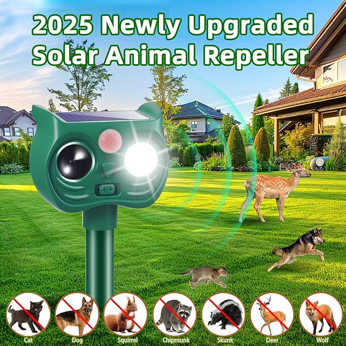 4Pack Solar Ultrasonic Animal Repellent, Cat Repeller Outdoor, Waterproof Deer Deterrent Devices with Motion Sensor to Scare Squirrel Rabbit Raccoon Skunk with White&Red LED Flash Lights for Yard