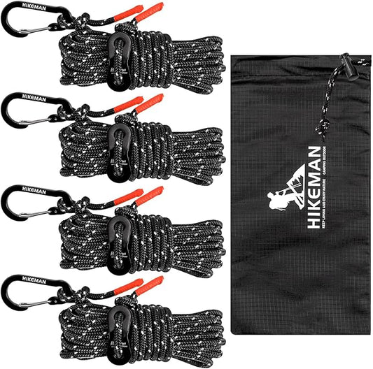 HIKEMAN Reflective Tent Rope Guyline - 4M Camping Guide Ropes,4mm Tent Guy Ropes Cord with Aluminum Tensioners Adjuster for Outdoor Camping Hiking Caravan Awning Tents (Black, 4mm)