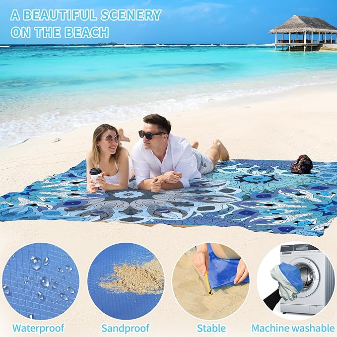 BYDOLL Beach Blanket Waterproof Sandproof 78''×81'' Suits1-4 Adults Compact Lightweight Oversized Sand-Free Blanket Large Picnic Mat for Beach Travel Camping Hiking