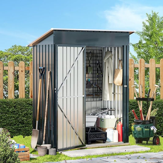 Breezz 5x3FT Vertical Outdoor Steel Storage Shed with Floor Frame, Lockable Doors, Compact Metal Tool Shed for Garden, Backyard, Patio, Utility, and Bike Storage