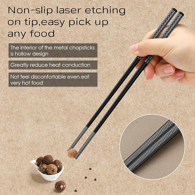 8 Pairs Metal Chopsticks Reusable Black Stainless Steel Chopsticks Set Laser Engraved Non-slip Japanese Korean Chinese Chopstick for Cooking Eating Dishwasher Safe 9.25" Chop Sticks Gift Set