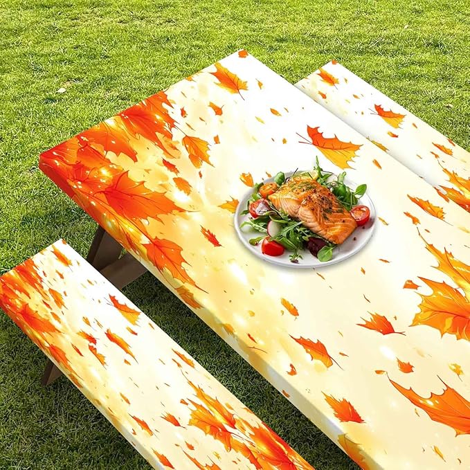CAPSCEOLL Elastic Picnic Table Cover with Bench Covers 5Ft Waterproof Fitted Picnic Table Cover Cloths for Outdoors Camping Tablecloth with Drawstring Bag, 60X30in, Fall Maple