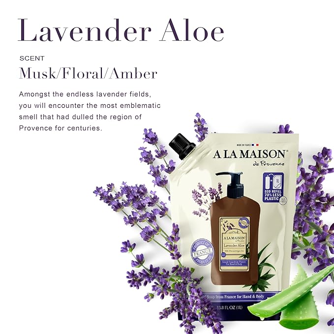 A LA MAISON French Liquid Hand Soap RefilL - Natural Hand Wash Made with Essential Oils - Biodegradable, Plant-Based, Vegan, Cruelty-Free (33.8 Fl Oz Pouch (1 Pack), Lavender Aloe)