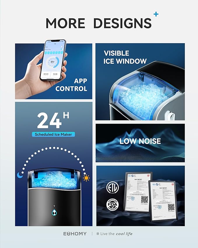 EUHOMY Smart Nugget Ice Maker Countertop, Portable Sonic Ice Maker with APP Control, 40lbs/24H, Ready in 8 Mins, Self-Cleaning, Pebble Ice Machine with Hanging Ice Scoop for Home/Kitchen/Office