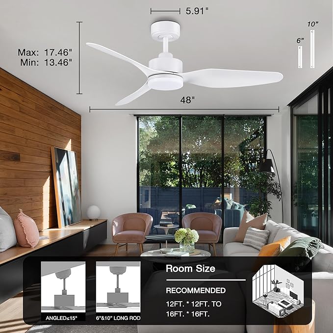 48 Inch Smart Ceiling Fans with Lights Remote Control,Dimmable LED Light,Outdoor Indoor Modern Ceiling Fan,Quiet DC Motor,WIFI Alexa App Workable,Matte White for Bedroom Living Room Patio