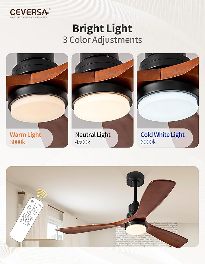 52 Inch Ceiling fans with Lights and Remote,3 Blades Wood Modern Ceiling Fans,Noiseless Reversible DC Motor,Outdoor Ceiling Fans for Patio,Living Room,Bedroom,Indoor,Farmhouse