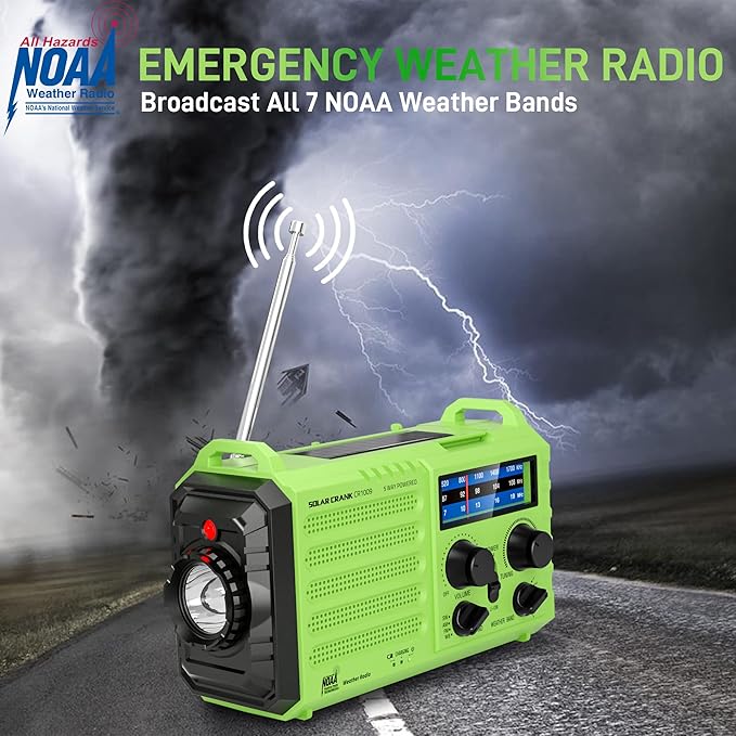 Emergency Weather Radio – 18500mWh Portable AM/FM/SW/NOAA Radio with Solar Hand Crank, Rechargeable Battery, USB Charger, LED Flashlight, Reading Light, and SOS Alarm, for Home Outdoor (Green)