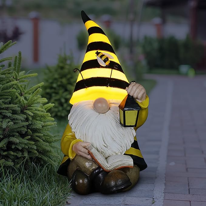 Exhart Solar Beekeeper Garden Gnome Statue, LED Hat, Lantern,Hand Painted Cute Yard Décor, 5.5" x9.5”