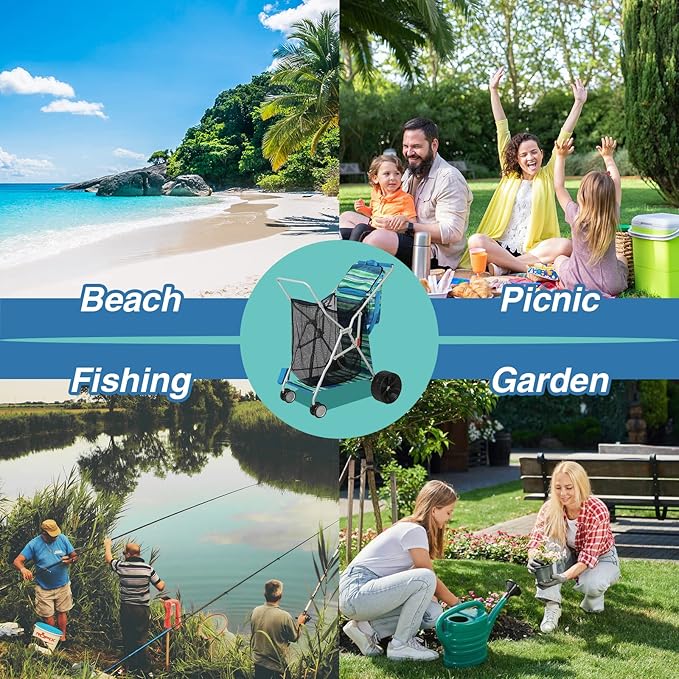 Beach Cart with Big Wheels for Sand, Collapsible All-Terrain Beach Wagon with Cooler Bag & Umbrella Holder, Large Mesh Storage, Supports 100lbs for Camping, Outdoor, Shopping, Dark Blue Stripes
