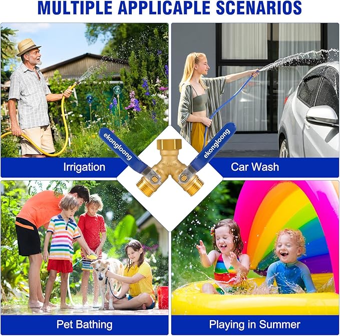 Brass Hose Splitter 2 Way Heavy Duty with Long Handle Switch, Y-Way Water Faucet with 3/4" GHT Thread, Heavy Duty Hose Connector for Lawn Irrigation/Outdoor Sprinkler System(Only Splitter)