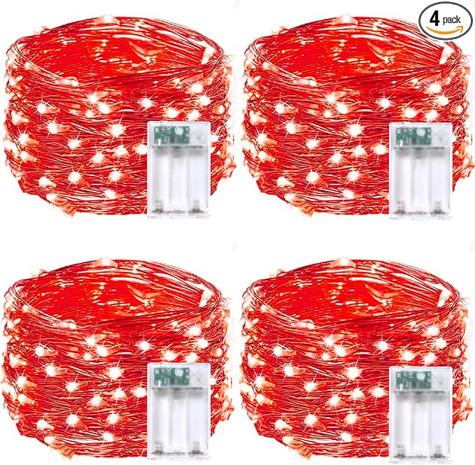4-Pack Fairy Lights Battery Operated with Timer, 16FT 50 LED Waterproof Starry String Lights Outdoor Indoor Mini Cuttable Lights for Bedroom Home Wedding Christmas Halloween Parties Centerpiece (Red)