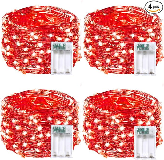 4-Pack Fairy Lights Battery Operated with Timer, 16FT 50 LED Waterproof Starry String Lights Outdoor Indoor Mini Cuttable Lights for Bedroom Home Wedding Christmas Halloween Parties Centerpiece (Red)