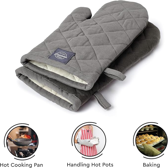 Encasa XO Heat Resistant Cotton Oven Gloves Mitts (2 Pc Set) - Quilted & Safe 12x7 in - for Kitchen, Cooking & Baking, Grilling, Handling Hot Pots & Pans - Grey