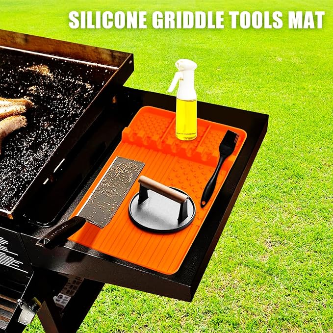 Silicone Griddle Tools Mat for Blackstone,Grill BBQ Caddy Utensils Holder for Kitchen,Cooking & Countertop,Large Spatula Mat with Drip Pad,Griddle Accessories for Blackstone (Orange)