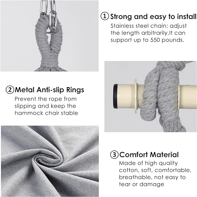 Y- STOP Hammock Chair Hanging Rope Swing, Max 500 Lbs, 2 Cushions Included, Large Macrame Hanging Chair with Pocket for Superior Comfort, with Hardware Kit (Light Grey)
