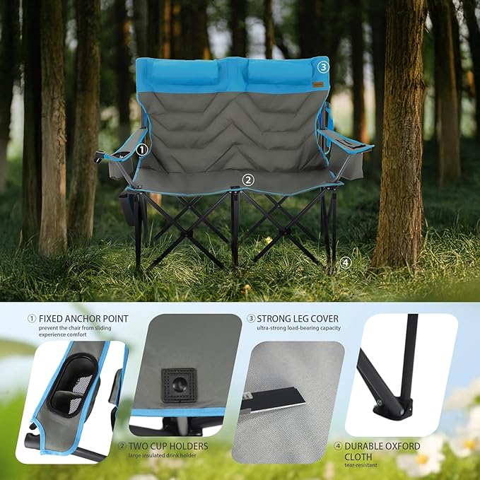 Folding Camping Chair - Oversize Camping Chairs for Adults, 2 Seat Folding Chair Support 650lbs with Pillows & Cup Holders & Cooler Bags- Heavy Duty Chair for Sports Garden Beach Fishing(Bluegray)