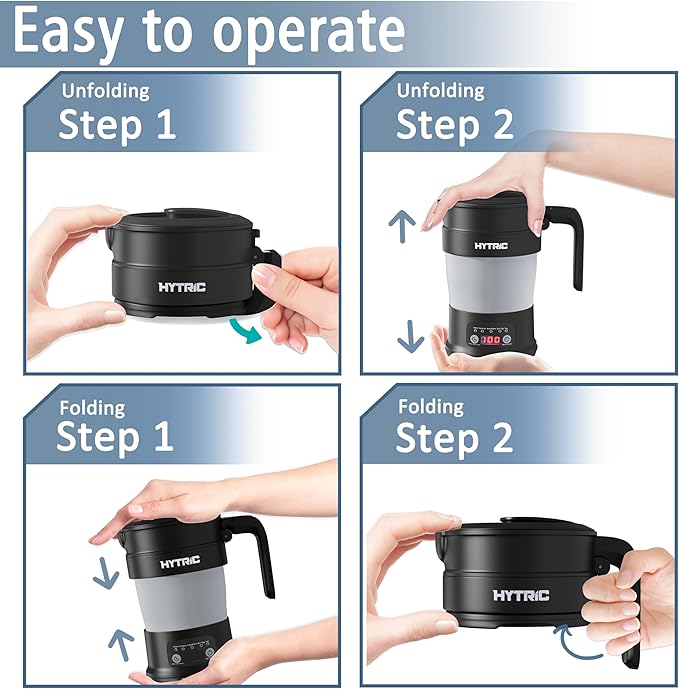 HYTRIC Travel Electric Kettle, 700ML Foldable Small Electric Kettle BPA-Free, Portable Kettle with Multifunctional Panel, Collapsible Hot Water Kettle with Keep Warm & Delay Start, 110V Black