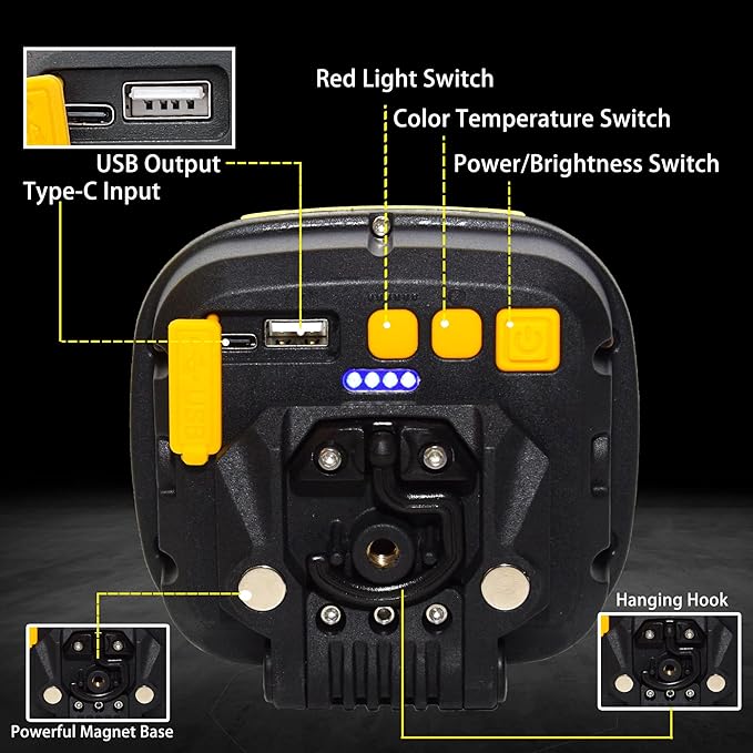 2 Pack Magnetic Work Light Rechargeable 5000Lumens, LED Flood Light with 4 Brightness & 4 Color, 36 Hours Runtime, USB-A Output & Waterproof for Car Repair, Construction, Emergency, Garage, Hurricane