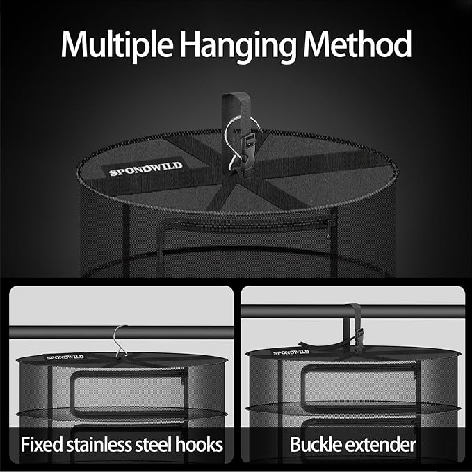 Herb Drying Rack Hanging Mesh Net，8+1 Layer Plant Drying Rack with Door-Type Zipper & Closed Storage Compartment for Folding Basket Dryer Fit in Grow Tents、Garden Outdoor