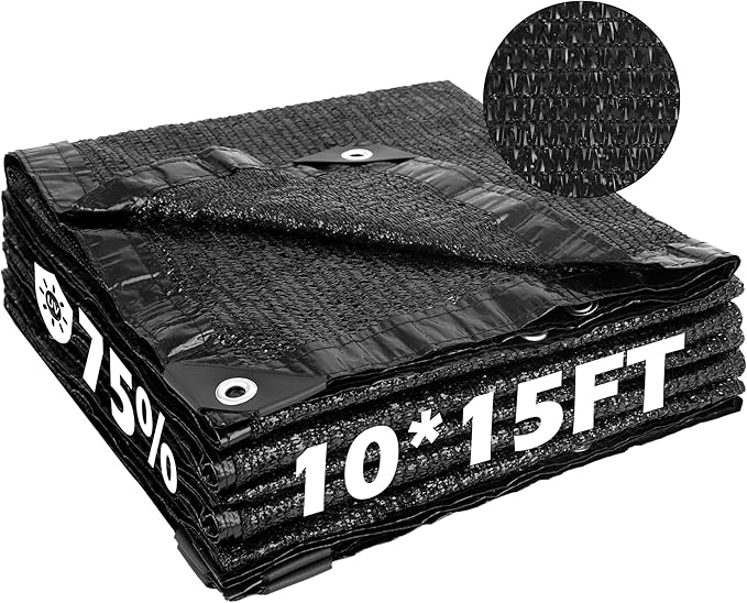 Garden expert 75% Black Shade Cloth 10x15FT Taped Edge with Grommets Sun Net Mesh for Garden Patio Backyard UV-Resistant