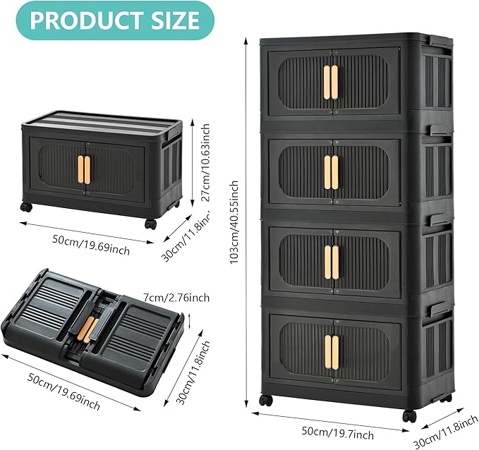 Holaki 156 QT Storage Bins with Lid, 4 Tiers Collapsible Closet Organizers, Stackable Plastic Storage Bins Cabinet Box with Wheels and Magnetic Door(Black)