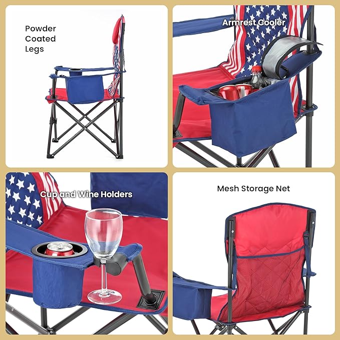 ARROWHEAD OUTDOOR Portable Folding Camping Quad Chair w/ 6-Can Cooler, Cup & Wine Glass Holders, Heavy-Duty Carrying Bag, Padded Armrests, Headrest & Seat, Supports up to 550lbs, USA-Based Support
