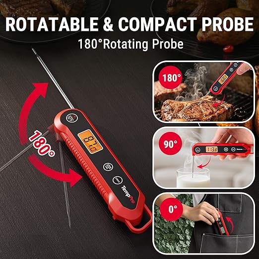Instant Read Meat Thermometer Digital - TempPro ±0.9°F Pro-acurite Waterproof Food Thermometer for Cooking, Backlight Cooking Thermometer for Meat, BBQ, Grilling Air Fryer Griddle Kitchen Accessories