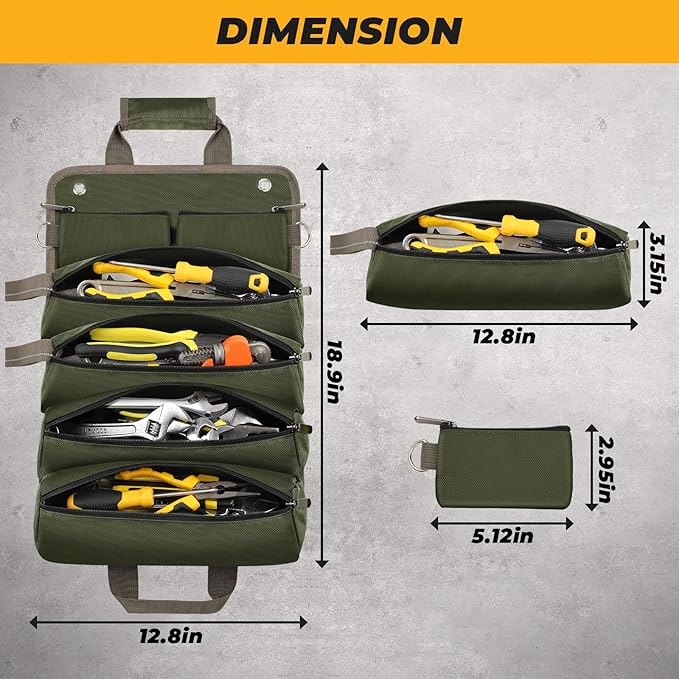Heavy Duty Tool Bag, Roll Up Tool Organizer for Men Women, Portable Tool Storage Box with 4 Detachable Zipper Pouch, Compact Small Carrier Bag for Electrician Mechanic, Father Day Dad Gift, Green