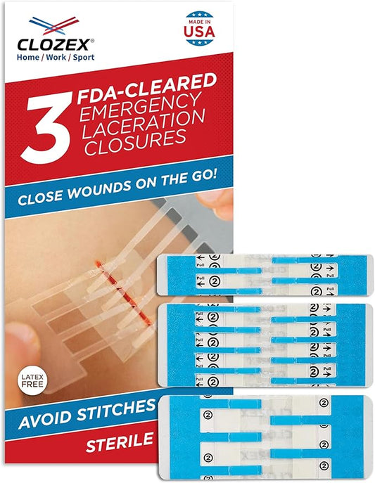 Clozex Emergency Laceration Closures - Repair Wounds Without Stitches, FSA HSA Eligible Skin Closure Device for 3 Individual Wounds Or Combine for Total Length of 4 1/4 Inches