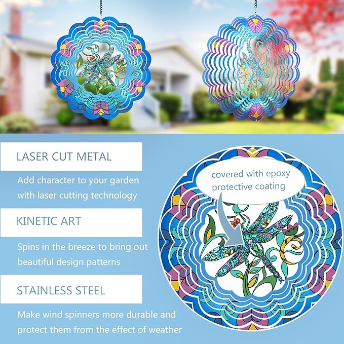 Dragonfly Metal Wind Spinners - Gifts for Women Mom Grandma Wife, Hanging Wind Spinner for Outdoor & Indoor Decorations, 12 inch Wind Spinner for Christmas Ornament Gifts
