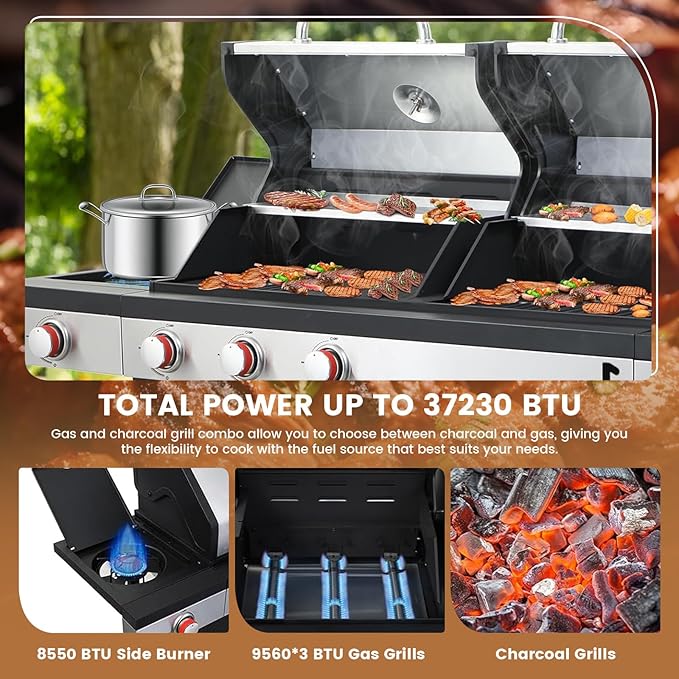 3-Burner Propane Gas BBQ Charcoal Grill Combo with Side Burner, 37230BTU Stainless Steel Barbecue Grill With Enameled Cast Iron Cooking Grids For Outdoor Camping