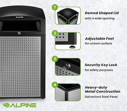 Alpine Outdoor Commercial Trash Can with Lid - 40 Gallon Heavy Duty Metal Garbage Can with Removable Bin, Locking Lid for a Modern Look in Parks, Malls, Parkings & High Traffic Areas (Black & Grey)