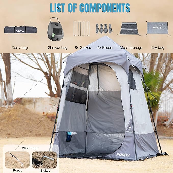 Camping Shower Tent Deluxe Changing Room Easy Set Up Privacy Shelter,Large Toilet Tent with Floor Drain Design for Beach, Camping,Hiking with Stakes and Ropes for Stability