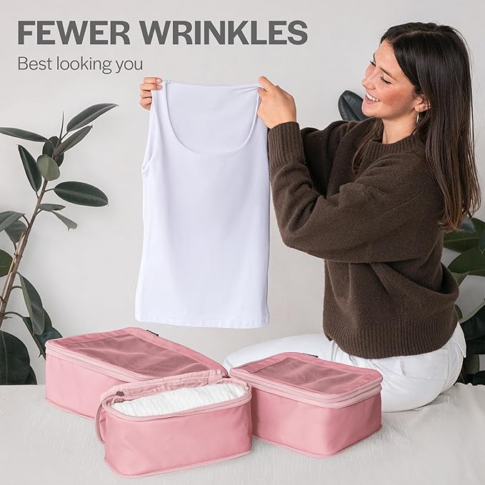 Compression Packing Cubes for Travel - Luggage Organizer Bags - Double Zipper Packing Cubes for Suitcases (4-Pack, Rose)