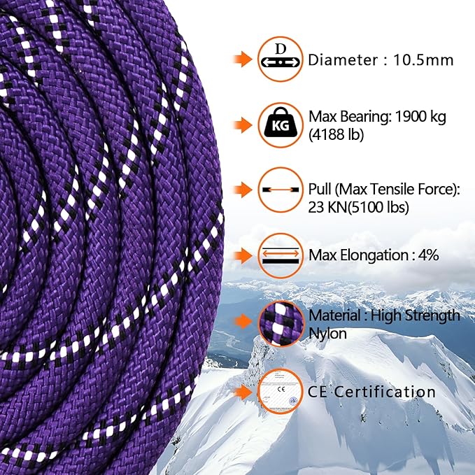 AOLEBA 10.5 mm Static Climbing Rope 10M(32ft) 20M(64ft) 30M(96ft) 50M(160ft) 70M(230ft) Outdoor Rock Climbing Rope, Escape Rope Ice Climbing Equipment Fire Rescue Parachute Rope