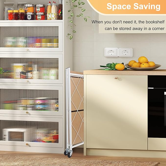 3 Tier Folding Shelf with Wheels, Metal Steel Collapsible Shelves, Folding Bookshelf no Assembly, Portable Folding Storage Shelves, Rolling Standing Utility Rack for Kitchen, Office, Bedroom, Natural