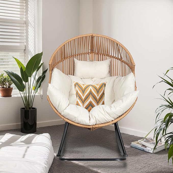 JAMFLY Egg Chair Outdoor Rocking Chairs, Wicker Patio Chair Oversized Lounger Chair with Cushion for Indoor Living Room Bedroom Outside Patio Backyard Balcony, Beige