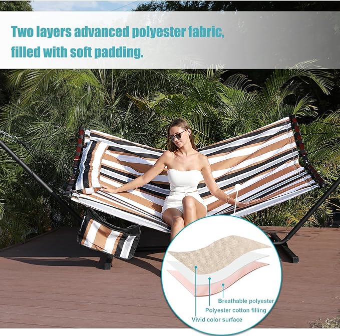 TegerDeger 12FT 2 Person Hammock with Stand Included 55 x 79IN Large Hammock 450LB Capacity with V Shaped Hardwood Spreader Bar & Nylon Rope for Outside, Patio, Garden, Backyard, Beach- Coffee Stripes