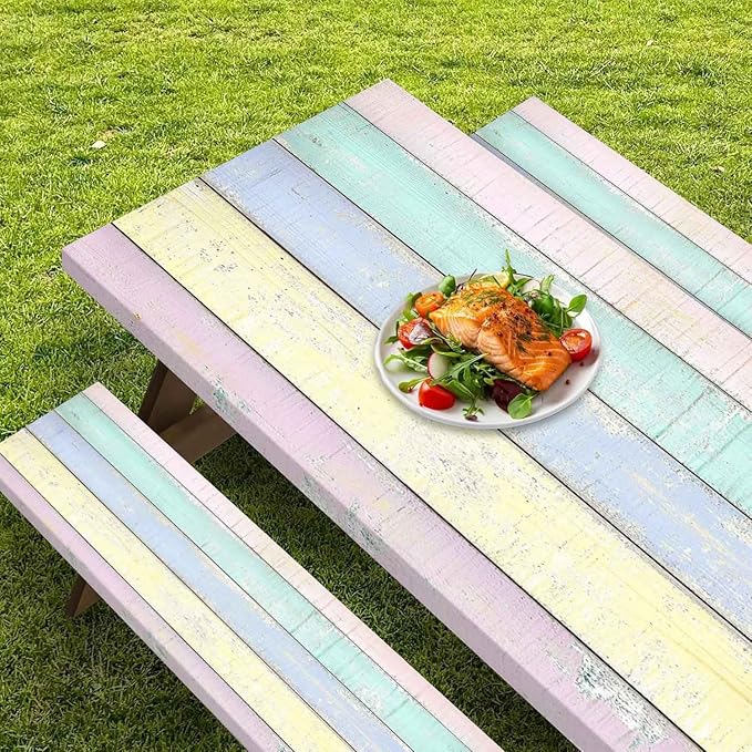 CAPSCEOLL Fitted Picnic Table Cover with Bench Covers with Elastic 8Ft Waterproof Camping Picnic Table Cover Cloths for Outdoors Camping Tablecloth with Drawstring Bag, 96X30in, Colorful Wood