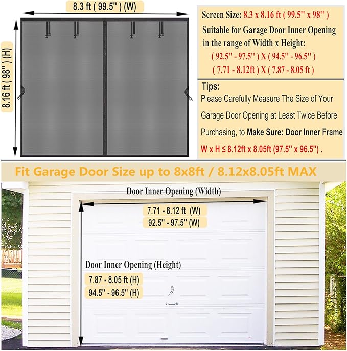 Garage Door Screen 1 Car 8x8ft Garage Screen Door Mesh, Upgraded Fiberglass Stronger Than PET and Polyester, Patio/Porch/Balcony Door Screen 8x8 ft, Heavy Duty Weighted Bottom & Magnetic Closure