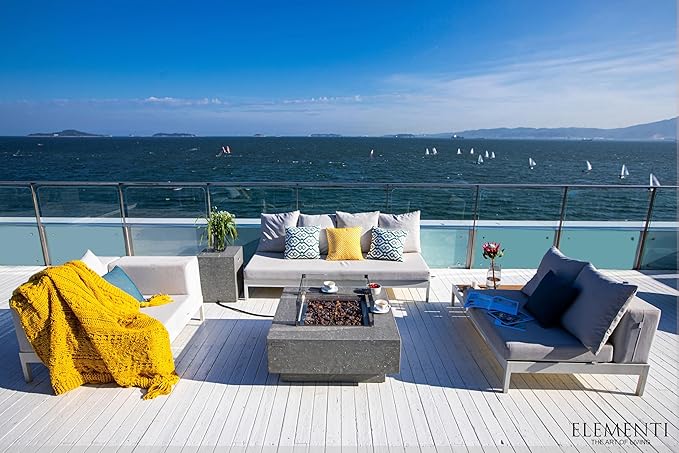 Elementi | Bundle Manhattan Gas Fire Pit Cast Concrete 36" Square Fire Table, Outdoor Fire Pit Electronic Ignition | Canvas Cover, Lava Rock Included | Light Gray (Natural Gas)