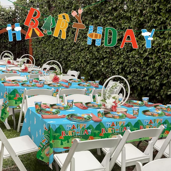 Happy Camper Birthday & Camping Party Decorations Set - Serves 25 with Disposable Plates, Cups, Napkins, Tablecloth & Banner, 1st Birthday, Camping Themed Events & Wedding Parties