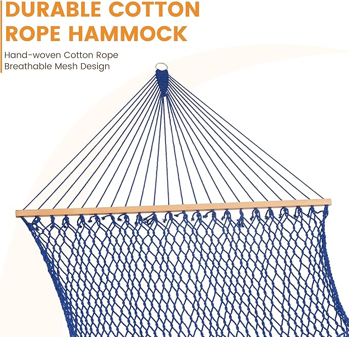 Lazy Daze Hammocks 12FT Double Rope Hammocks, 2 Person Hand Woven Cotton Hammock with Spreader Bar for Outdoor, Indoor, Patio, Poolside, FIT 13-15 Foot Stand, Max 450 Lbs, Blue, 141 x 57 inches