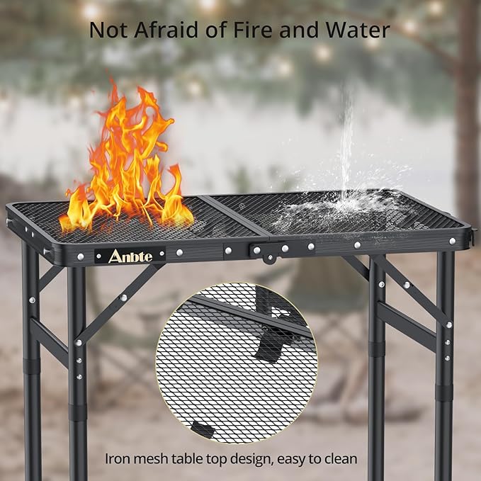 Folding Grill Table, Aluminum Camping Table Adjustable Height Max 27.5" Picnic Table Outdoor Table, Lightweight, Portable Handle for Travel Cooking BBQ Picnic, 22.8" x 16", Black
