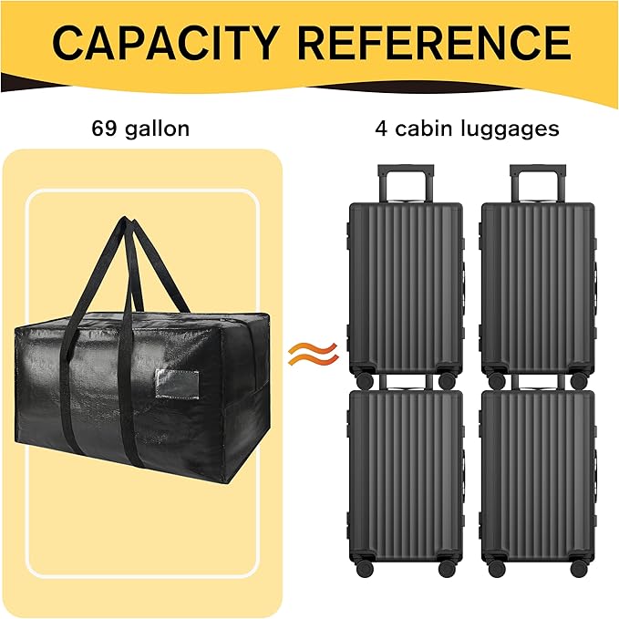 Heavy Duty Extra Large Moving Bags,69 Gallon Jumbo Packing Bags,Huge Moving Storage Bags with Strong Zippers & Carrying Handles,Reusable Big Moving Storage Bags for College Dorm Travel 2Pack