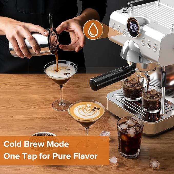 20 Bar Espresso Machine with Cold Brew, Professional Expresso Machines for home, Stainless Steel Espresso Maker with Milk Frother, Auto Sleep Mode, 1.5L Removable Water Tank, for Latte, Cappuccino