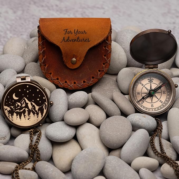 Engraved Compass Gift for Men – Vintage Brass Pocket Compass for Hiking, Adventure, and Travel – Antique Finish with Leather Case – Moon & Stars, or Road Design – Gift for Dad, Husband, or Son