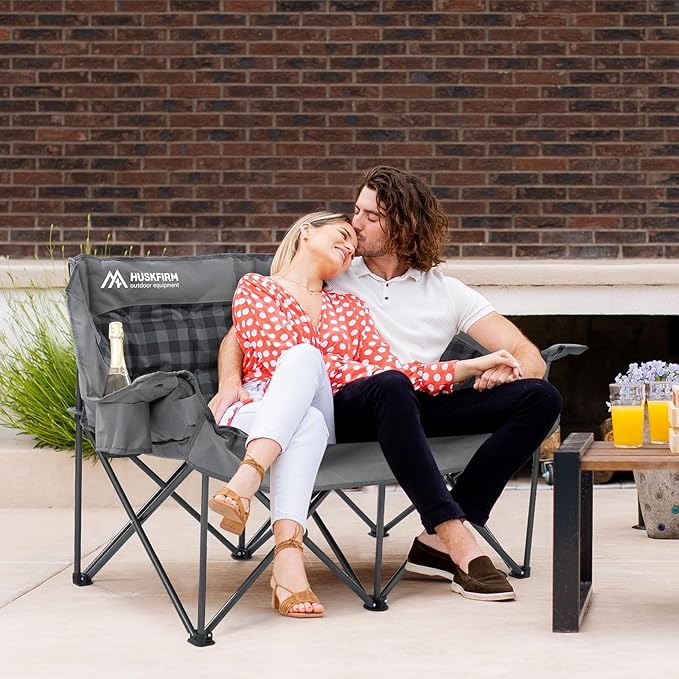 Double Camping Chairs Padded Loveseat Chair for 2 Person - Heavy Duty Oversized Camping Couch for Adults Outdoor Lawn Beach - Portable Folding Sofa with Cup Holders and Carry Bag, Grey