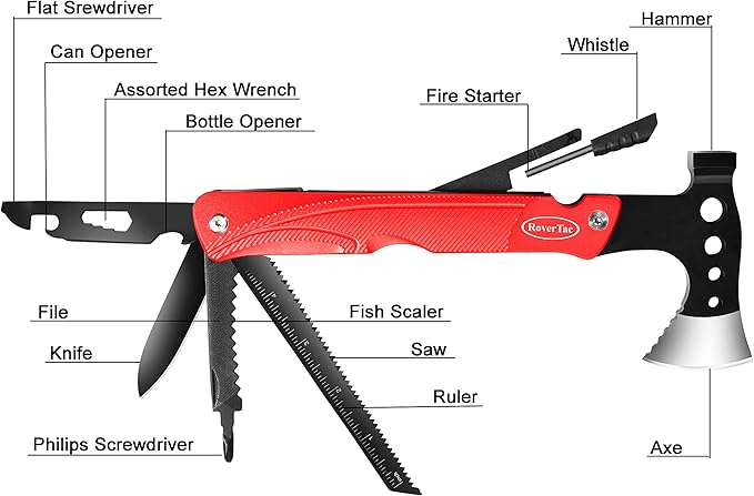 RoverTac Camping Hatchet Multitool Axe Survival Gear, 14-in-1 Multi Tool Axe Hammer Knife Saw Bottle Opener Fire Starter Whistle, Gifts for Men Dad Him, Perfect for Camping Survival Hiking Fishing