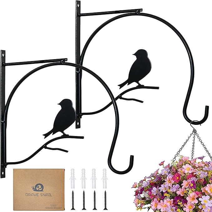 Hanging Plant Bracket 10 Inch 2 Pack Metal Iron Wall Hooks Decorative for Bird Feeders Plant Hanger Wind Chime Lanterns Indoor Outdoor, Black